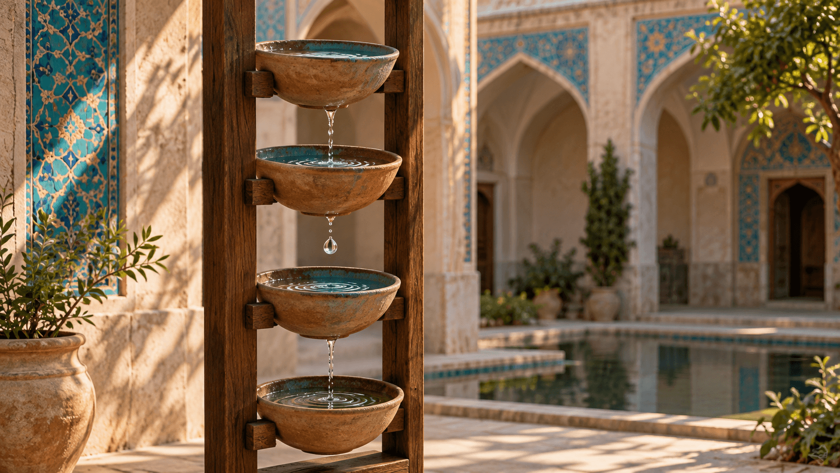 چهار کاسهٔ سفالی آب با سطح‌های متفاوت در سازه‌ای چوبی در حیاط کاشی‌کاری‌شدهٔ ایرانی